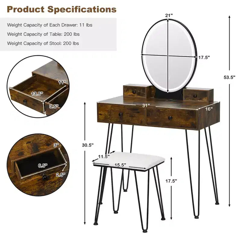 Costway Set Tavolo da Trucco Industriale con Specchio Illuminato a 3 Colori e Sgabello Imbottito