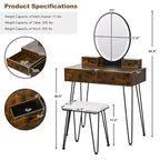 Costway Set Tavolo da Trucco Industriale con Specchio Illuminato a 3 Colori e Sgabello Imbottito