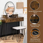Costway Set Tavolo da Trucco Industriale con Specchio Illuminato a 3 Colori e Sgabello Imbottito
