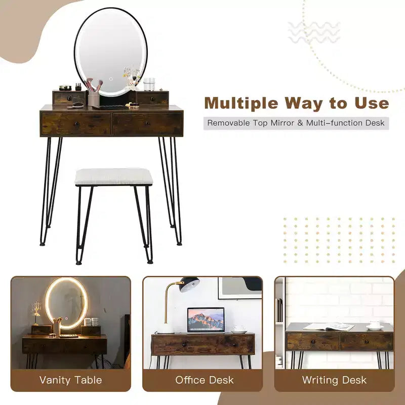 Costway Set Tavolo da Trucco Industriale con Specchio Illuminato a 3 Colori e Sgabello Imbottito