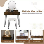 Costway Set Tavolo da Trucco Industriale con Specchio Illuminato a 3 Colori e Sgabello Imbottito