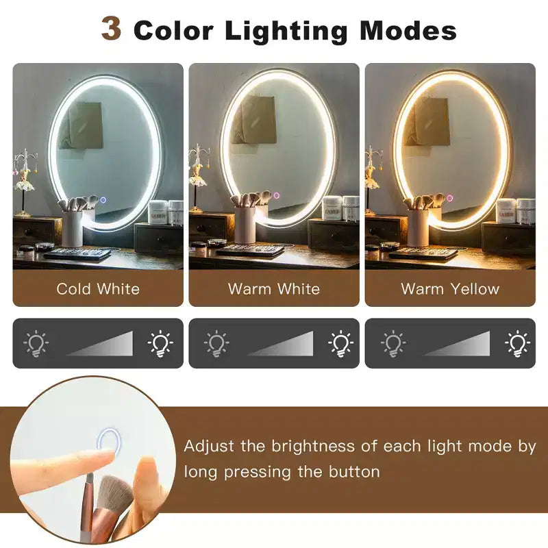 Costway Set Tavolo da Trucco Industriale con Specchio Illuminato a 3 Colori e Sgabello Imbottito