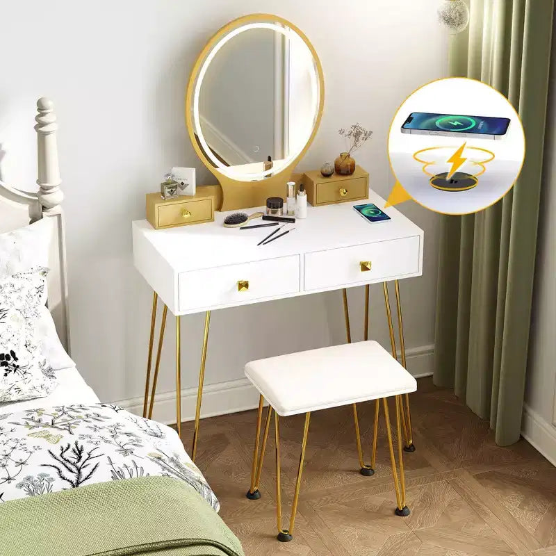 Costway Set Tavolo da Trucco Industriale con Specchio Illuminato a 3 Colori e Sgabello Imbottito