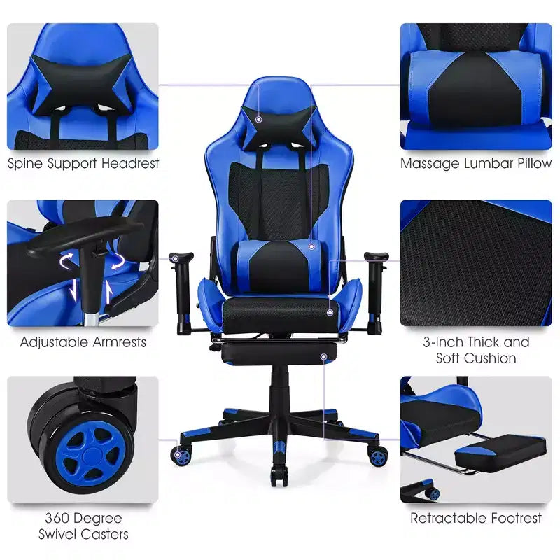 Sedia Gaming Massaggiante Costway, Poltrona da Ufficio Reclinabile con Poggiapiedi Bianca\Blu\Rosa\Rossa