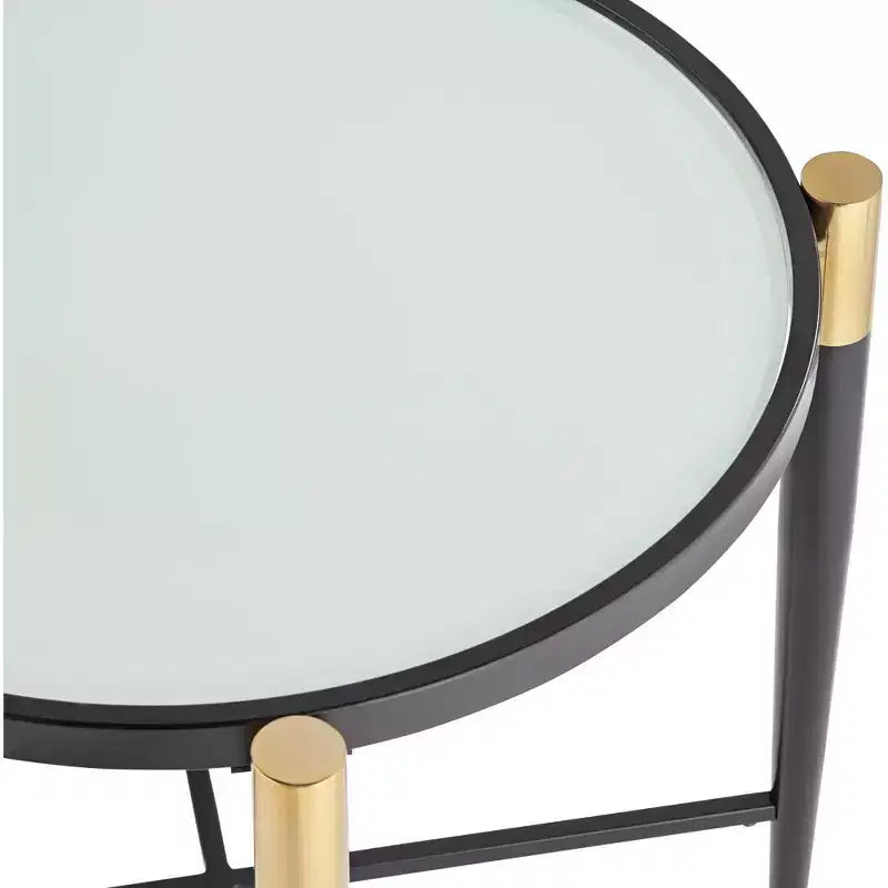 Tavolino d'appoggio rotondo moderno in metallo Studio 55D, 63,5 cm di larghezza, piano in vetro marmorizzato nero opaco e oro per soggiorno e camera da letto