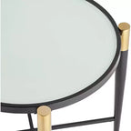 Tavolino d'appoggio rotondo moderno in metallo Studio 55D, 63,5 cm di larghezza, piano in vetro marmorizzato nero opaco e oro per soggiorno e camera da letto
