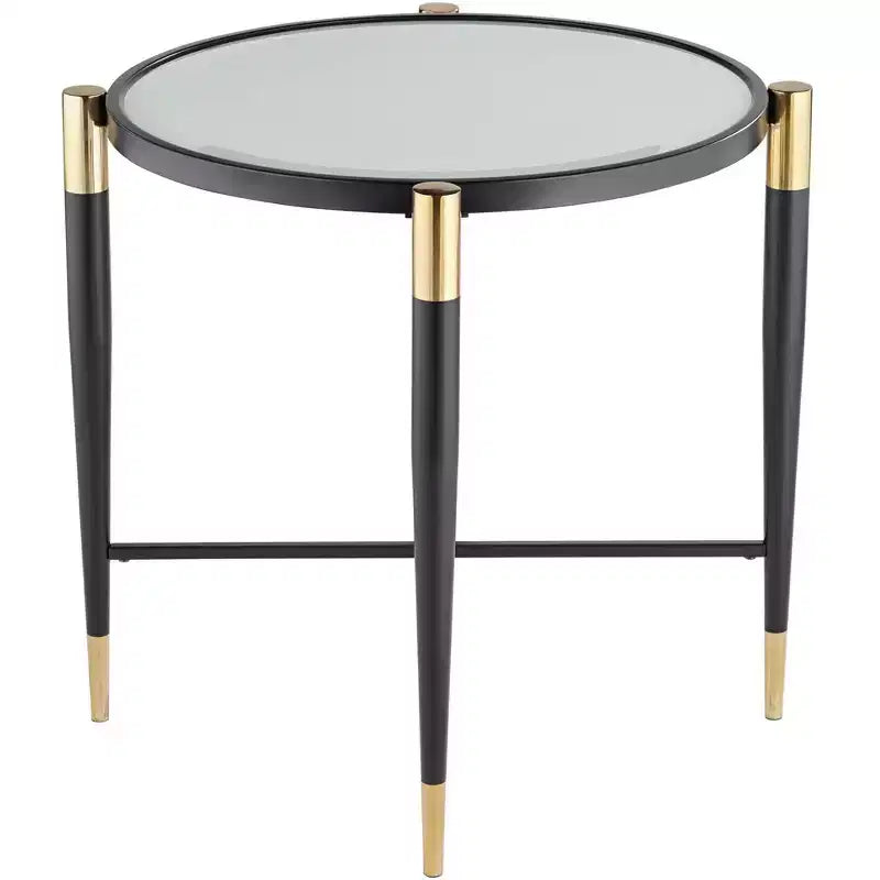 Tavolino d'appoggio rotondo moderno in metallo Studio 55D, 63,5 cm di larghezza, piano in vetro marmorizzato nero opaco e oro per soggiorno e camera da letto