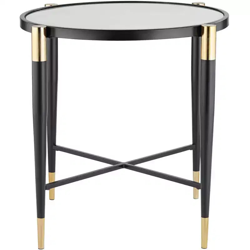 Tavolino d'appoggio rotondo moderno in metallo Studio 55D, 63,5 cm di larghezza, piano in vetro marmorizzato nero opaco e oro per soggiorno e camera da letto