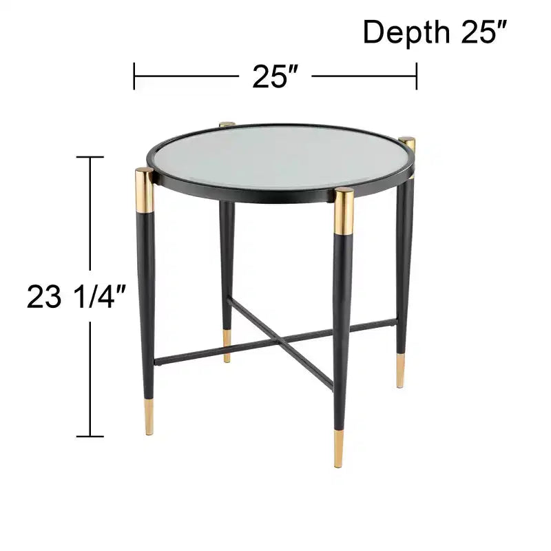 Tavolino d'appoggio rotondo moderno in metallo Studio 55D, 63,5 cm di larghezza, piano in vetro marmorizzato nero opaco e oro per soggiorno e camera da letto