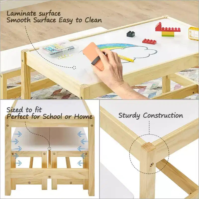MUSEHOMEINC Set Tavolo e Panca 3 in 1 per Bambini in Legno Massello con Superficie Lavagna per Sala Giochi e Scuola