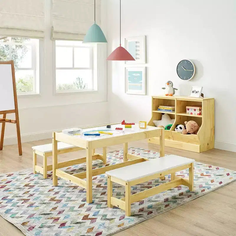 MUSEHOMEINC Set Tavolo e Panca 3 in 1 per Bambini in Legno Massello con Superficie Lavagna per Sala Giochi e Scuola