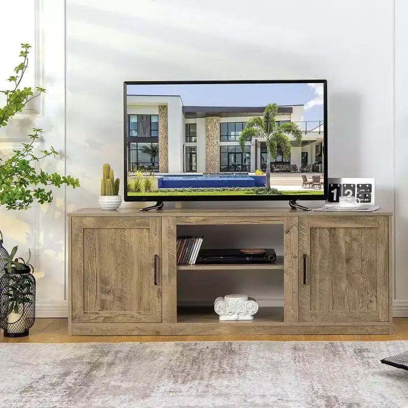Mobile TV Costway 58'' Mobile con Consolle Centro Intrattenimento con 2 Armadietti per TV 65'' Naturale\Nero\Noce
