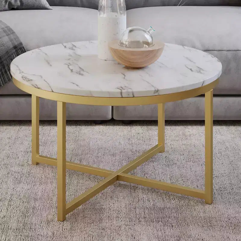 Lavish Home Round Coffee Table with Faux Mable Top and Metal Crossbeam, White/Gold