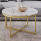 Lavish Home Round Coffee Table with Faux Mable Top and Metal Crossbeam, White/Gold