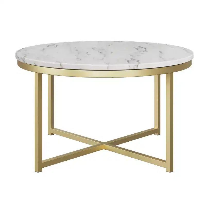 Tavolino rotondo Lavish Home con piano effetto marmo e base in metallo a croce, bianco/oro