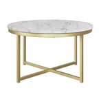 Tavolino rotondo Lavish Home con piano effetto marmo e base in metallo a croce, bianco/oro