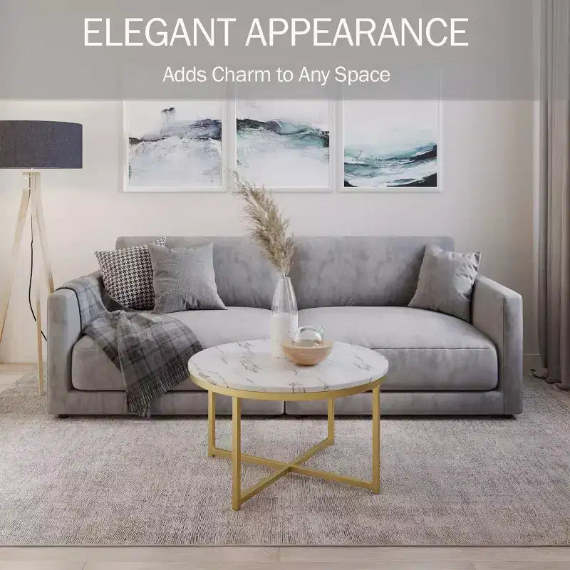 Tavolino rotondo Lavish Home con piano effetto marmo e base in metallo a croce, bianco/oro