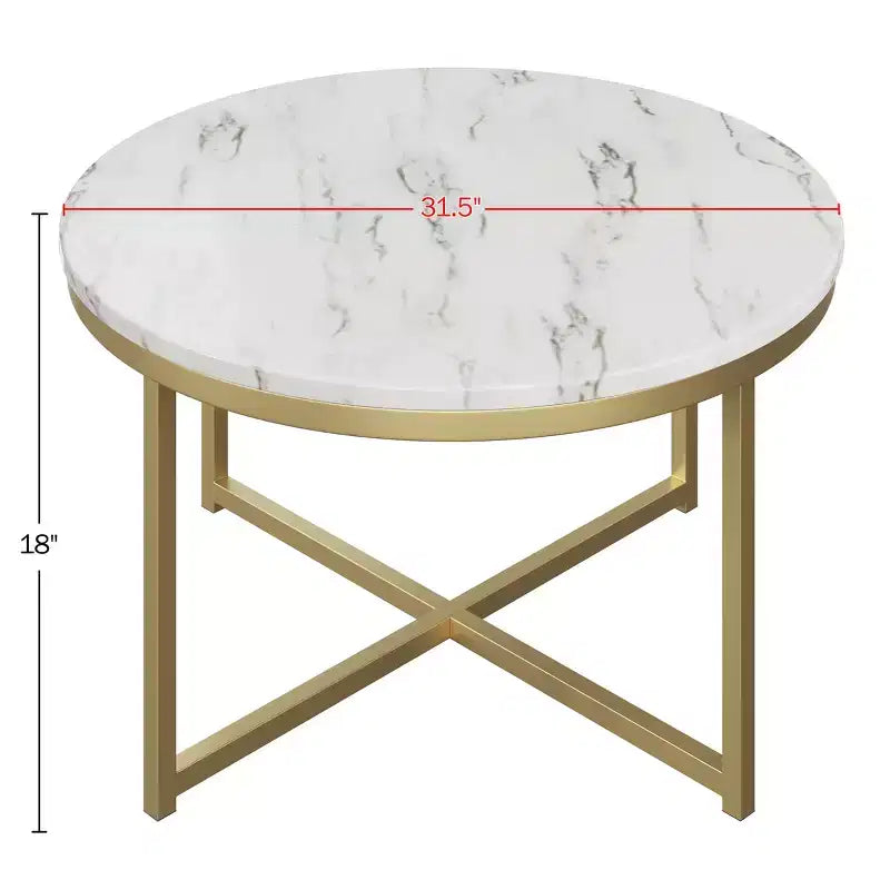 Tavolino rotondo Lavish Home con piano effetto marmo e base in metallo a croce, bianco/oro