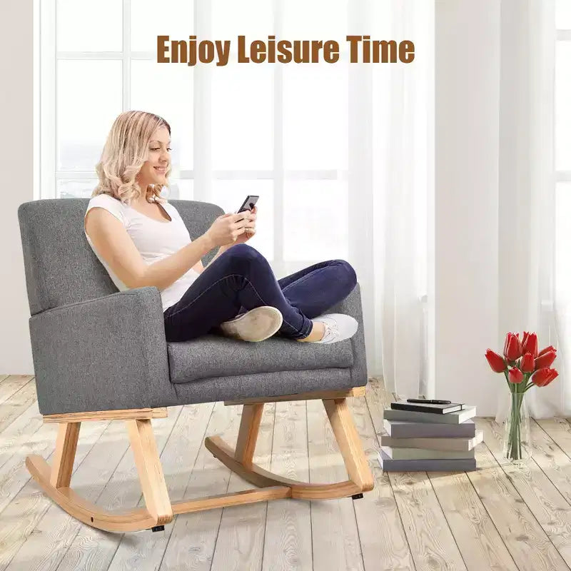 Costway Sedia a dondolo imbottita con braccioli e supporto lombare, design moderno di metà secolo, beige/grigio