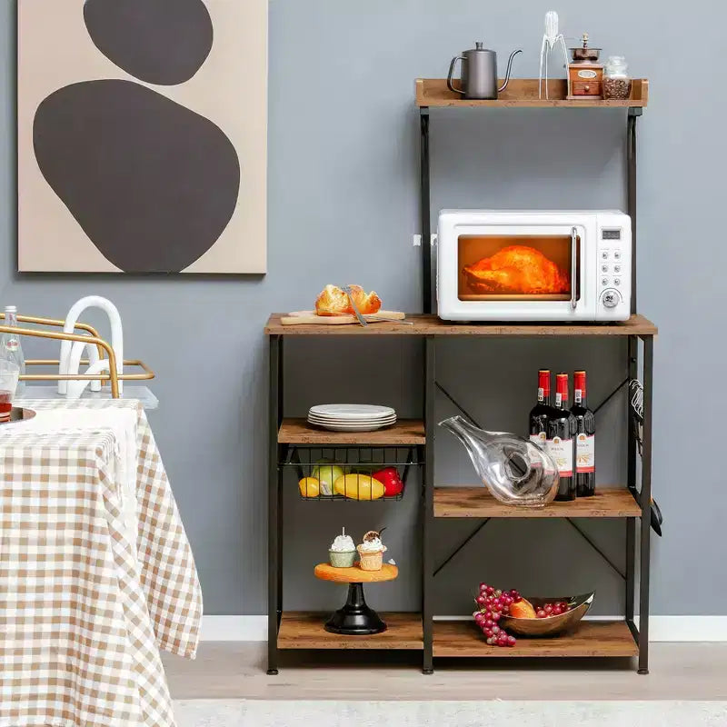 Costway Scaffale da Panettiere Vintage a 4 Livelli con Cesto e 5 Ganci per Cucina e Forno a Microonde