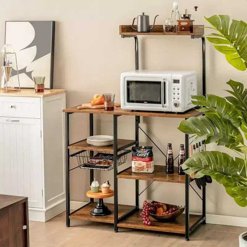 Costway Scaffale da Panettiere Vintage a 4 Livelli con Cesto e 5 Ganci per Cucina e Forno a Microonde