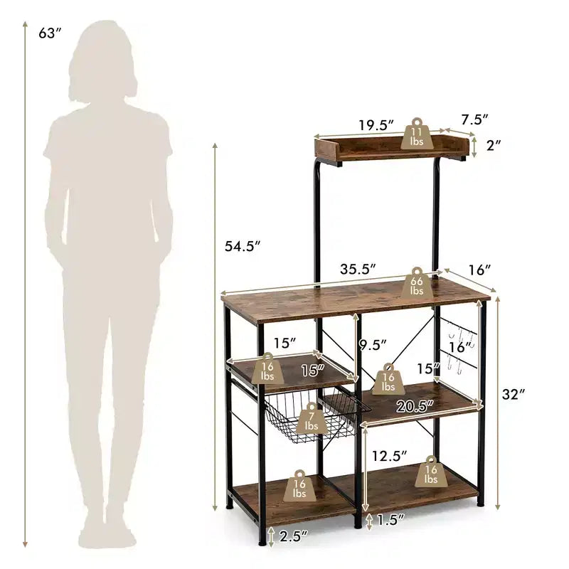 Costway Scaffale da Panettiere Vintage a 4 Livelli con Cesto e 5 Ganci per Cucina e Forno a Microonde