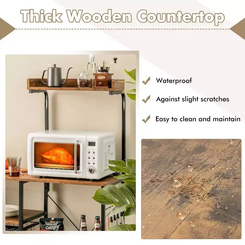 Costway Scaffale da Panettiere Vintage a 4 Livelli con Cesto e 5 Ganci per Cucina e Forno a Microonde