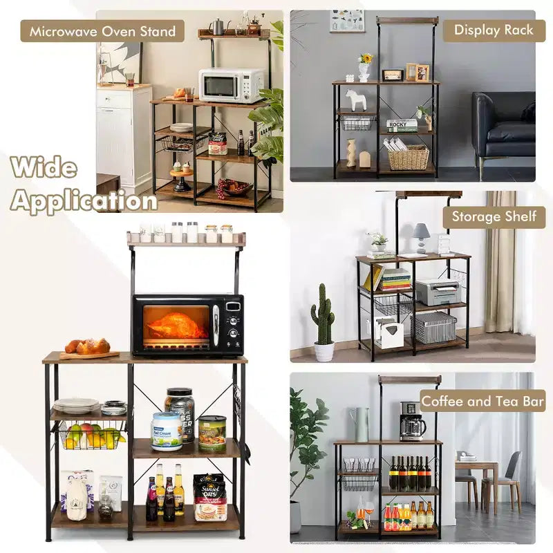 Costway Scaffale da Panettiere Vintage a 4 Livelli con Cesto e 5 Ganci per Cucina e Forno a Microonde