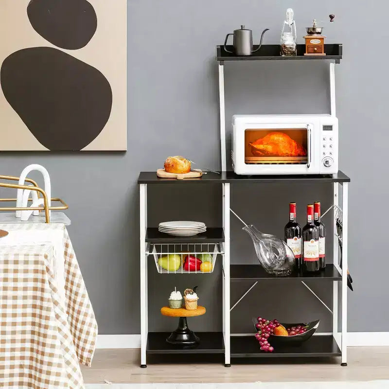 Costway Scaffale da Panettiere Vintage a 4 Livelli con Cesto e 5 Ganci per Cucina e Forno a Microonde