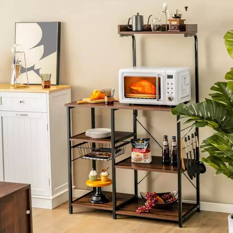 Costway Scaffale da Panettiere Vintage a 4 Livelli con Cesto e 5 Ganci per Cucina e Forno a Microonde