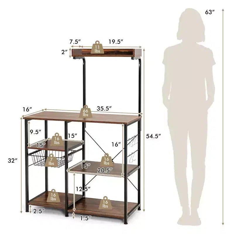 Costway Scaffale da Panettiere Vintage a 4 Livelli con Cesto e 5 Ganci per Cucina e Forno a Microonde