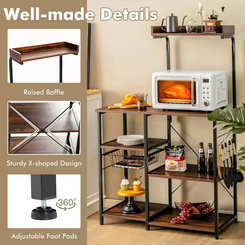 Costway Scaffale da Panettiere Vintage a 4 Livelli con Cesto e 5 Ganci per Cucina e Forno a Microonde