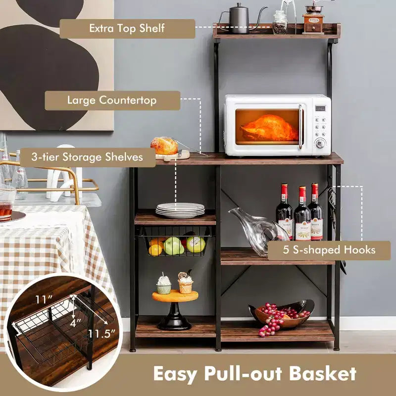 Costway Scaffale da Panettiere Vintage a 4 Livelli con Cesto e 5 Ganci per Cucina e Forno a Microonde