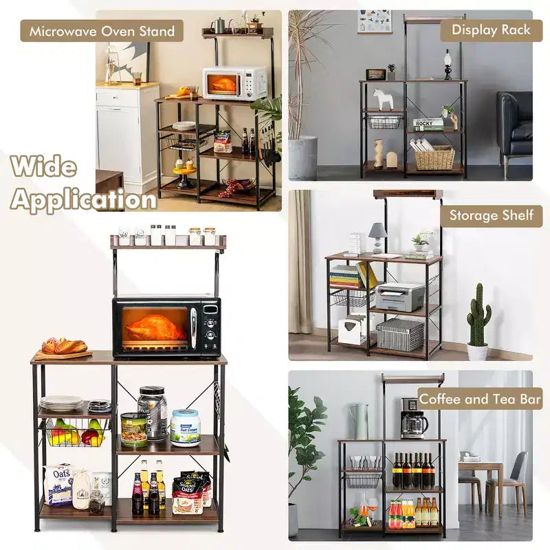 Costway Scaffale da Panettiere Vintage a 4 Livelli con Cesto e 5 Ganci per Cucina e Forno a Microonde