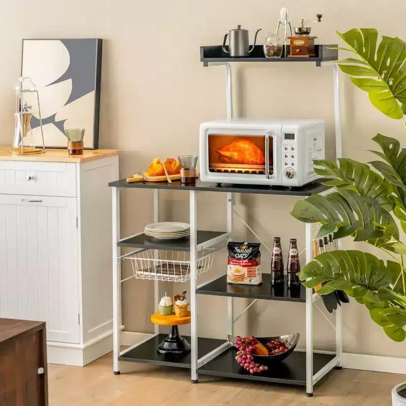 Costway Scaffale da Panettiere Vintage a 4 Livelli con Cesto e 5 Ganci per Cucina e Forno a Microonde