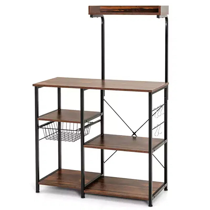 Costway Scaffale da Panettiere Vintage a 4 Livelli con Cesto e 5 Ganci per Cucina e Forno a Microonde