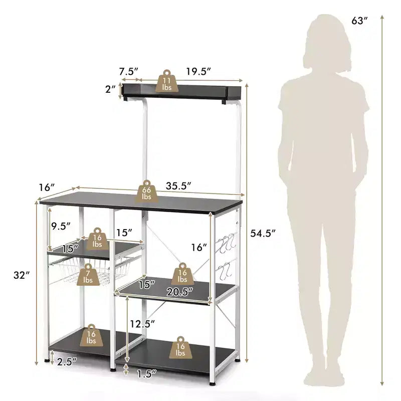 Costway Scaffale da Panettiere Vintage a 4 Livelli con Cesto e 5 Ganci per Cucina e Forno a Microonde