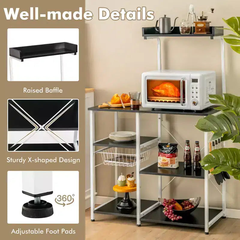 Costway Scaffale da Panettiere Vintage a 4 Livelli con Cesto e 5 Ganci per Cucina e Forno a Microonde