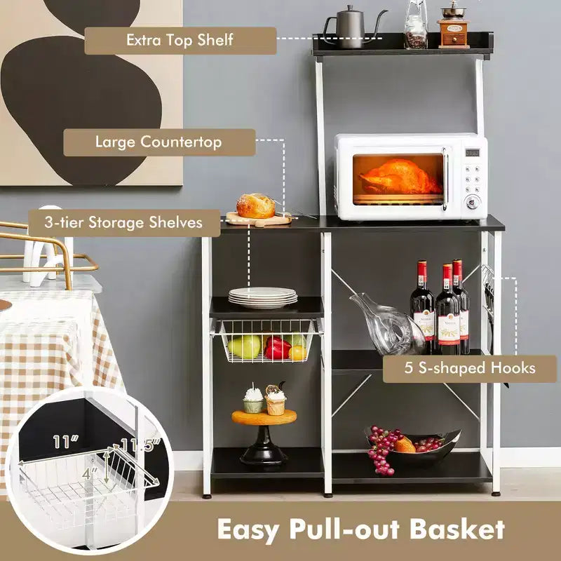 Costway Scaffale da Panettiere Vintage a 4 Livelli con Cesto e 5 Ganci per Cucina e Forno a Microonde