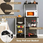 Costway Scaffale da Panettiere Vintage a 4 Livelli con Cesto e 5 Ganci per Cucina e Forno a Microonde