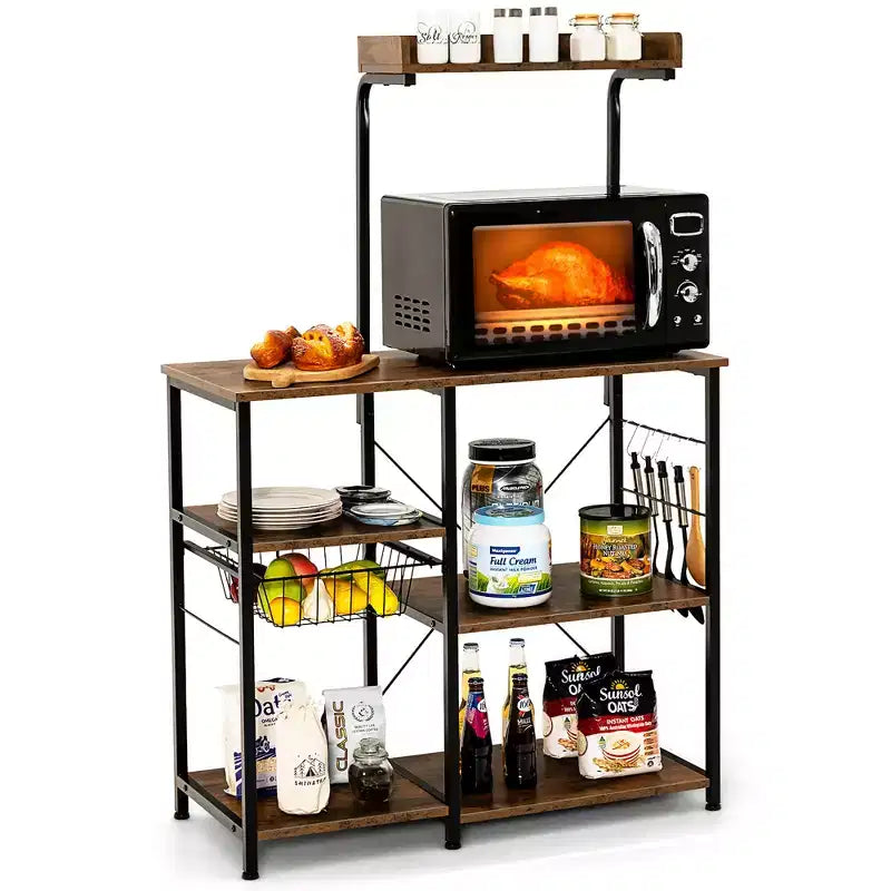 Costway Scaffale da Panettiere Vintage a 4 Livelli con Cesto e 5 Ganci per Cucina e Forno a Microonde