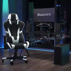 Postazione da Gaming BlackArc Delta: Sedia reclinabile con supporto lombare e poggiatesta; Scrivania con gancio per cuffie/portabicchieri staccabile e supporto per monitor