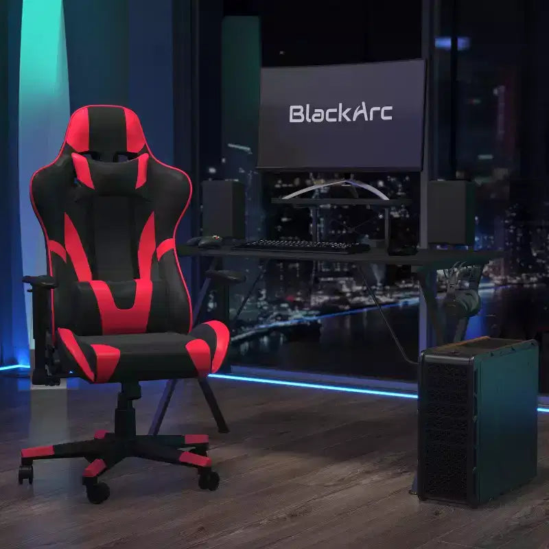 Postazione da Gaming BlackArc Delta: Sedia reclinabile con supporto lombare e poggiatesta; Scrivania con gancio per cuffie/portabicchieri staccabile e supporto per monitor