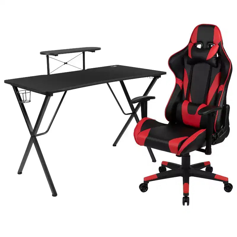 BlackArc Delta Gaming Setup: Reclining Chair with Lumbar Support & Headrest; Desk with Detachable Headphone Hook/Cupholder & Monitor Stand