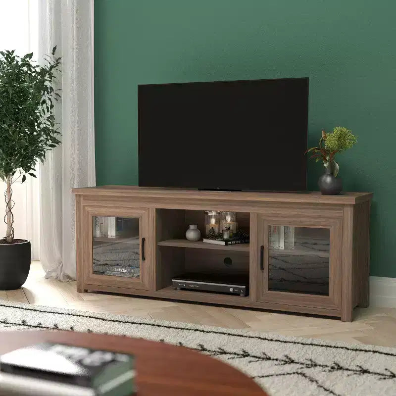 Mobile TV Emma e Oliver per TV fino a 80" - Consolle multimediale da 65" con classiche ante interamente in vetro e 3 ripiani regolabili