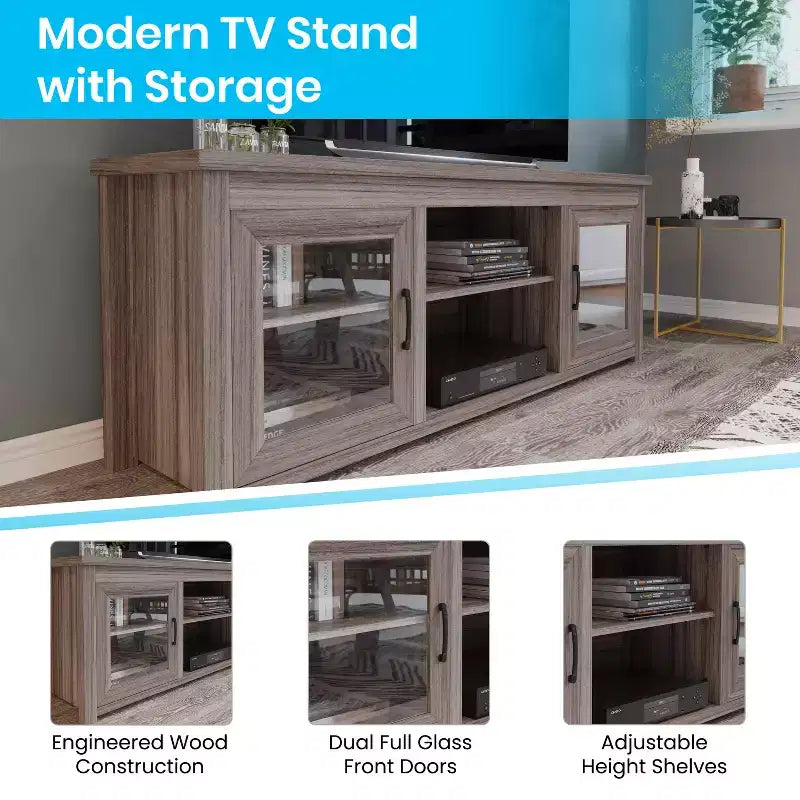 Mobile TV Emma e Oliver per TV fino a 80" - Consolle multimediale da 65" con classiche ante interamente in vetro e 3 ripiani regolabili