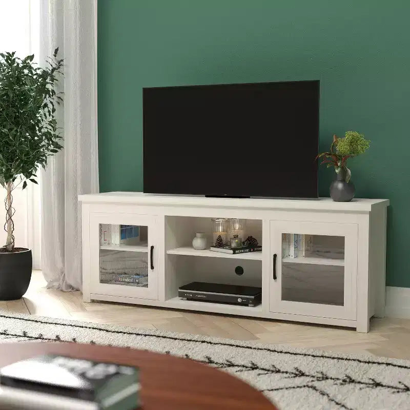 Mobile TV Emma e Oliver per TV fino a 80" - Consolle multimediale da 65" con classiche ante interamente in vetro e 3 ripiani regolabili