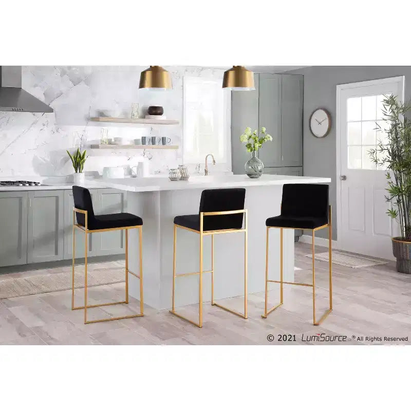 Set di 2 sgabelli da bar alti Fuji in acciaio inossidabile/velluto con gambe dorate - LumiSource
