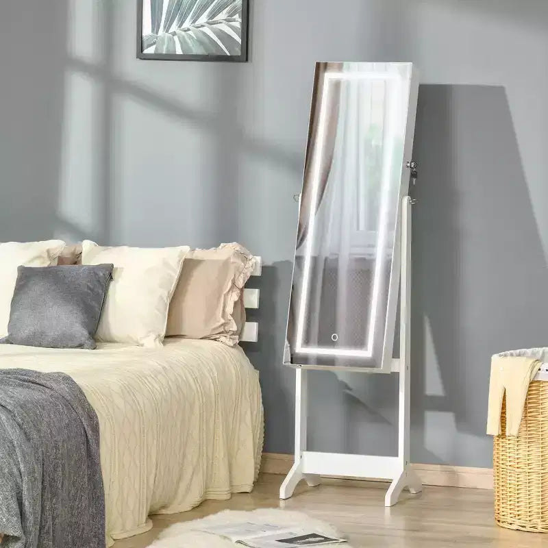 HOMCOM Armadio Portagioie con Specchio a Figura Intera e Luci LED, Organizer Gioielli con 4 Angoli Regolabili e Chiave