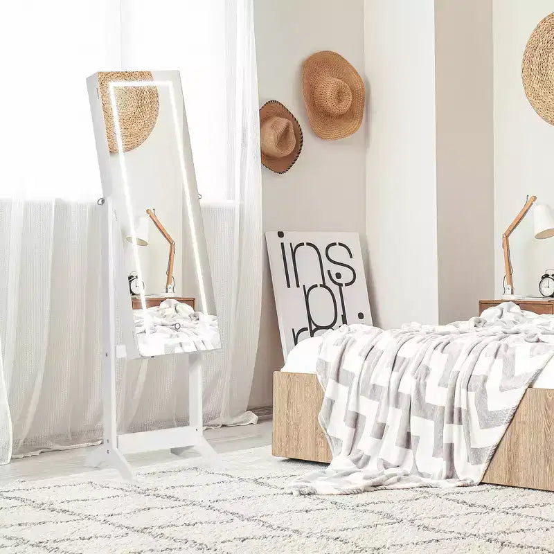 HOMCOM Armadio Portagioie con Specchio a Figura Intera e Luci LED, Organizer Gioielli con 4 Angoli Regolabili e Chiave